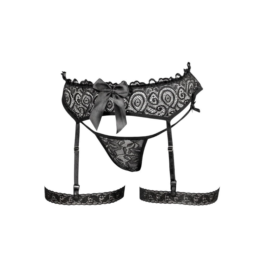 Black Lace Garter Set with Seductive Bow – Erotic Women’s Lingerie L009