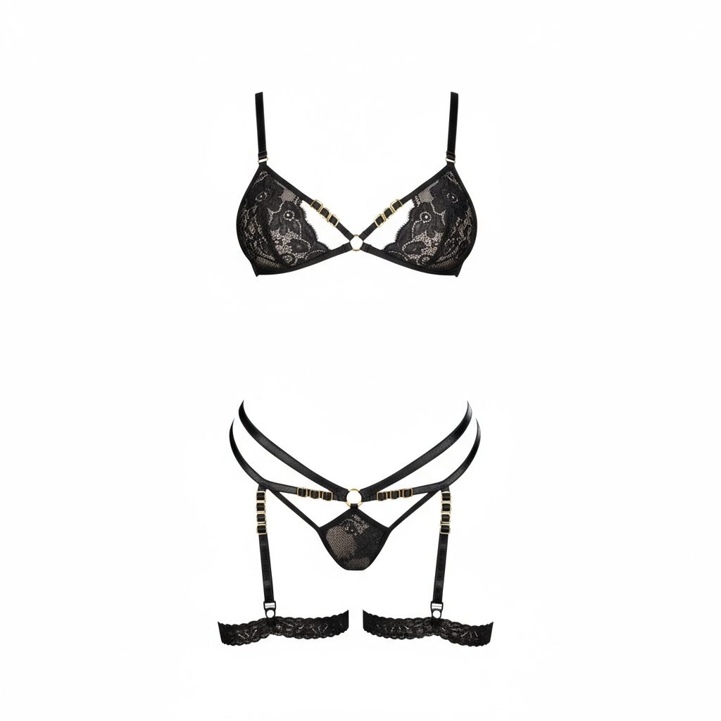 Three-Piece Lace Lingerie Set with Strappy Design and Garter Details | Colombian Elegance – CON118