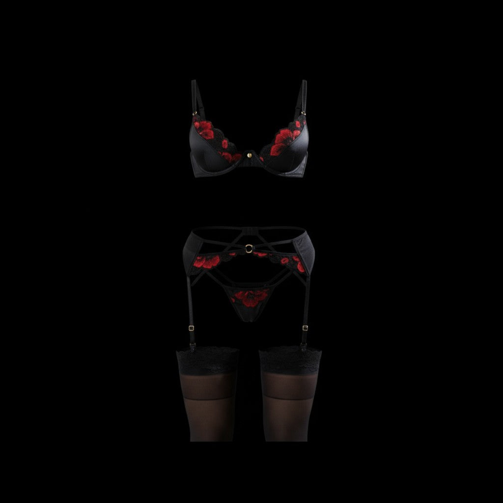 Three-Piece Black and Red Lace Lingerie Set with Adjustable Garter Belt | Colombian Elegance & Seductive Design – CON155