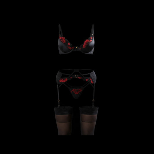 Three-Piece Black and Red Lace Lingerie Set with Adjustable Garter Belt | Colombian Elegance & Seductive Design – CON155